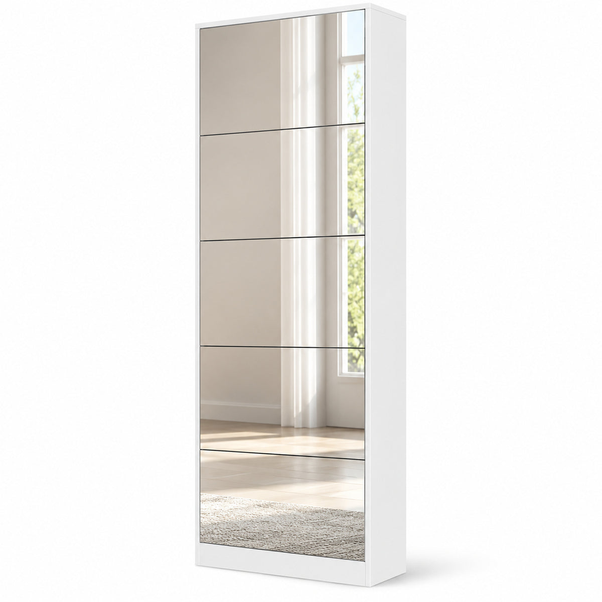 StylishGarments Five-Drawer Mirrored Shoe Cabinet in White