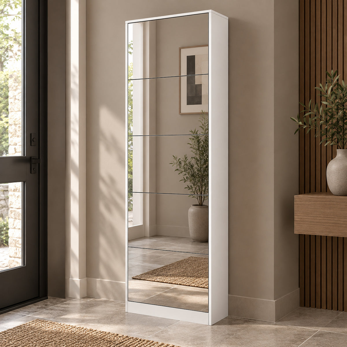 StylishGarments Five-Drawer Mirrored Shoe Cabinet in White