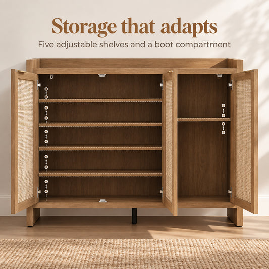 StylishGarments Rattan-Door Shoe Cabinet in Caramel Oak