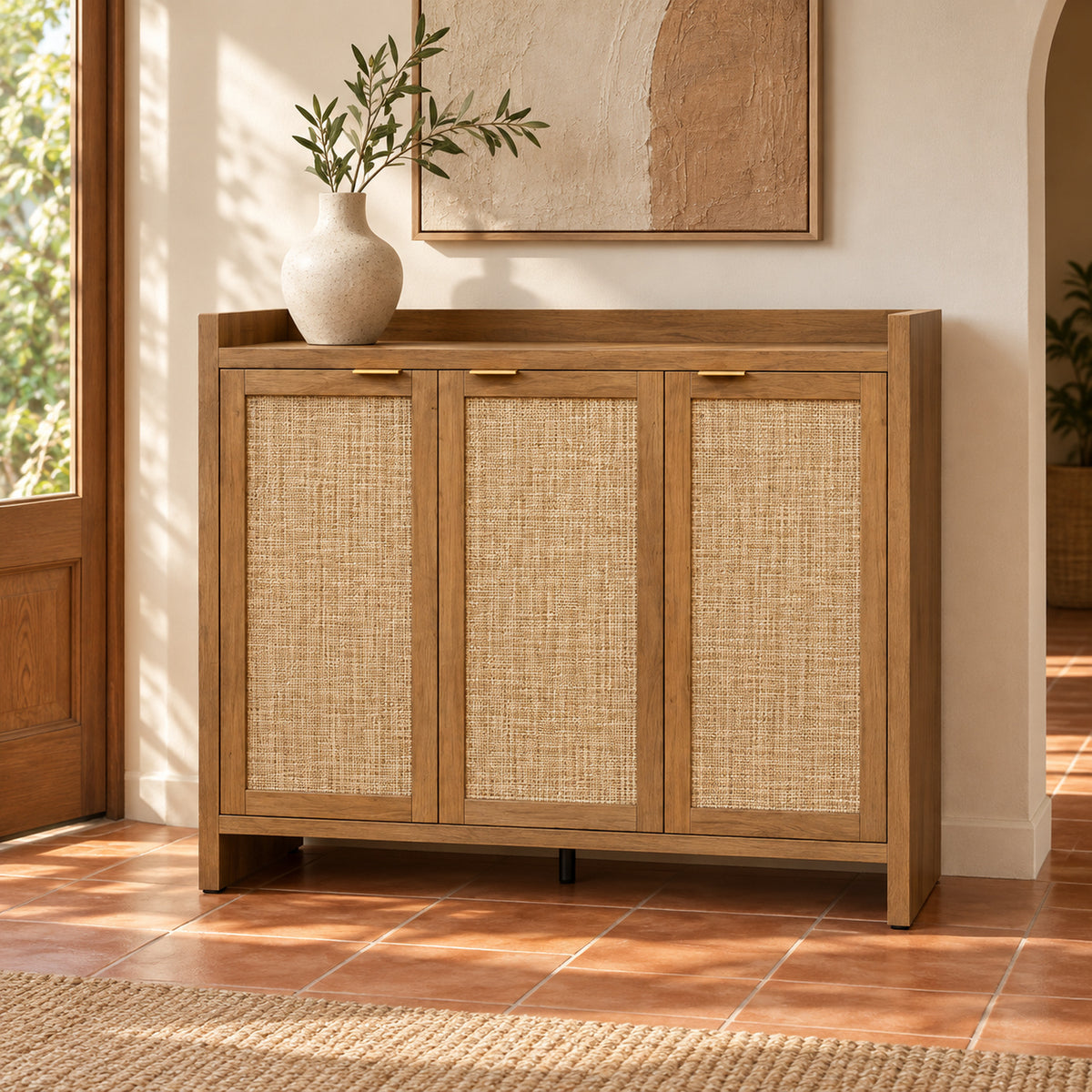 StylishGarments Rattan-Door Shoe Cabinet in Caramel Oak