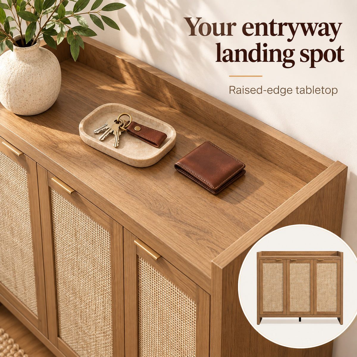 StylishGarments Rattan-Door Shoe Cabinet in Caramel Oak