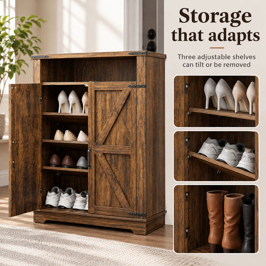 StylishGarments Shoe Cabinet with Open Cubby in Rustic Brown