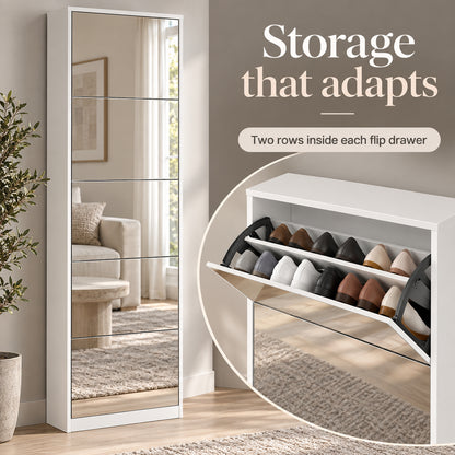 StylishGarments Five-Drawer Mirrored Shoe Cabinet in White