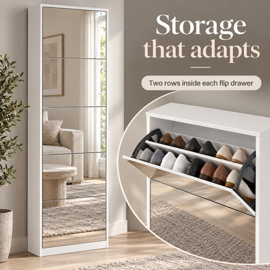StylishGarments Five-Drawer Mirrored Shoe Cabinet in White