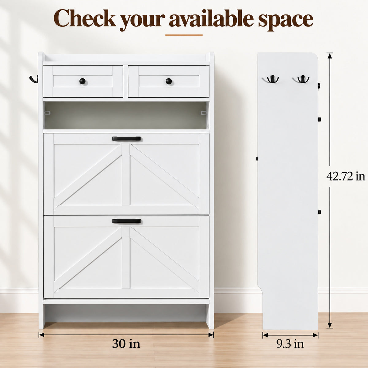 StylishGarments Shoe Cabinet with Two Flip Drawers in White