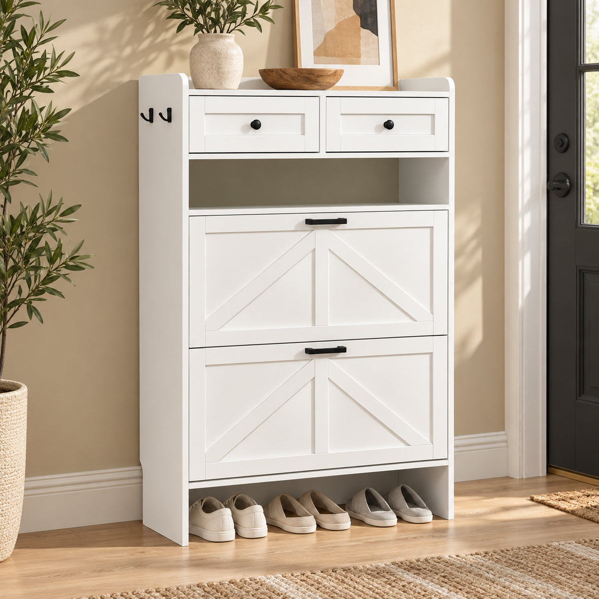 StylishGarments Shoe Cabinet with Two Flip Drawers in White