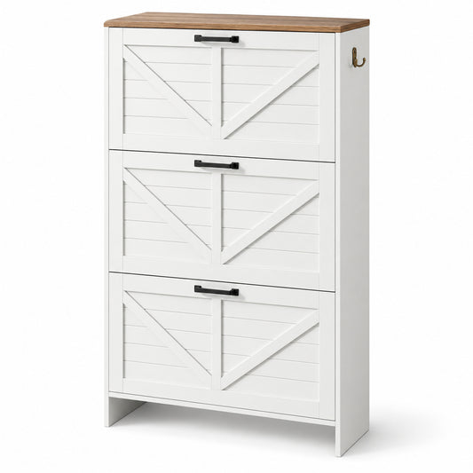 StylishGarments Three-Drawer Shoe Cabinet with Brown Top