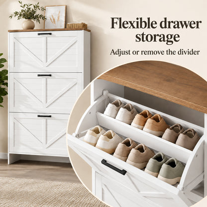 StylishGarments Three-Drawer Shoe Cabinet with Brown Top