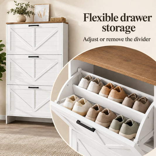 StylishGarments Three-Drawer Shoe Cabinet with Brown Top