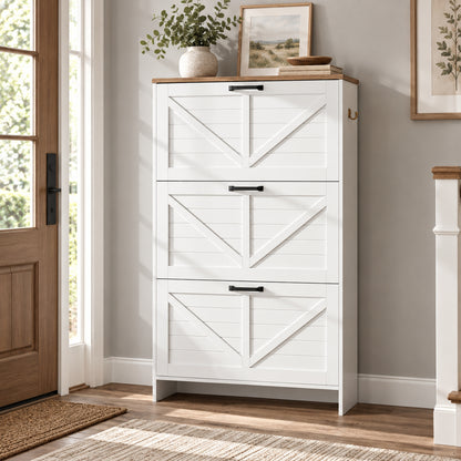 StylishGarments Three-Drawer Shoe Cabinet with Brown Top