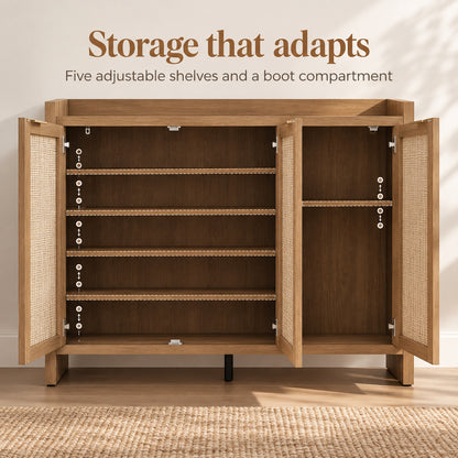 StylishGarments Rattan-Door Shoe Cabinet in Caramel Oak